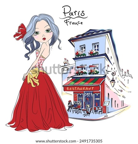 Vector cute girl near typical parisain restaurant on Montmartre, Paris, France.