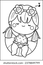 a vector of cute girl on holiday in black and white coloring