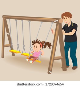 Vector of Cute girl on a swing with her father pushing behind. Girl smiles and rides on a swing.