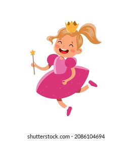 Vector cute girl in pink dress princess costume with golden crown and magic wand having fun at fancy dress party. Cheerful female kid in fairy dress at carnival party.