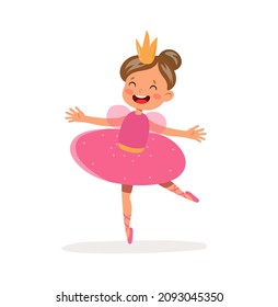 Vector cute girl in pink dress princess costume with golden crown and pointe shoes having fun at fancy dress party. Cheerful female ballerina kid in fairy dress at carnival party.