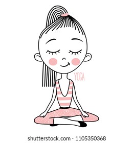 Vector cute Girl Practicing Yoga. Sketch style. Cartoon illustration. Fashion baby. Stylish kids. Naive art.