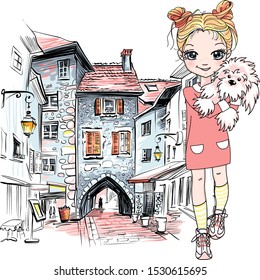 Vector cute girl with puppy dog in Old Town of Annecy, France