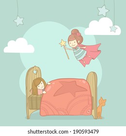 Vector cute girl sleeping in her bed and tooth fairy 