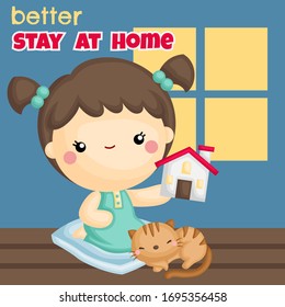 A Vector of Cute Girl Staying at Home with Her Cat 