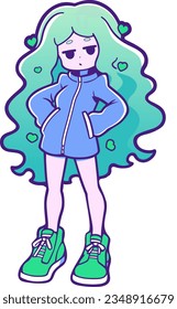 vector cute girl sticker , isolated on white