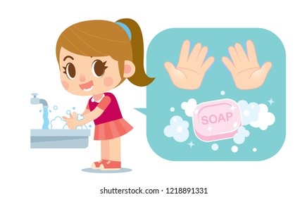 Vector Cute Girl Washing Hands With Soap And Hands Icon