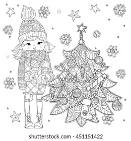 Vector cute girl in winter hat with christmas gift and fir tree.Vector line illustration.Sketch for postcard or print or coloring adult book.Boho zen art style.