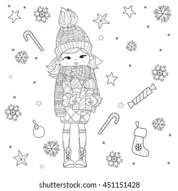 Vector cute girl in winter hat with christmas gift and pretty holliday doodles.Vector line illustration.Sketch for postcard or print or coloring adult book.Boho zen art style.