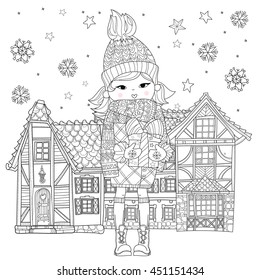 Vector cute girl in winter hat with christmas gift in fairy town.Vector line illustration.Sketch for postcard or print or coloring adult book.Boho zen art style.