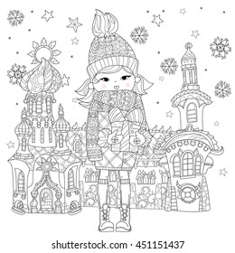 Vector cute girl in winter hat with christmas gift in fairy town.Vector line illustration.Sketch for postcard or print or coloring adult book.Boho zen art style.