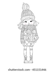 Vector cute girl in winter hat with christmas gift .Vector line illustration.Sketch for postcard or print or coloring adult book.Boho zen art style.