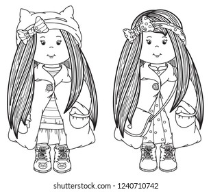 Vector cute girls cartoons,  black silhouettes for coloring.