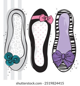 Vector cute girls flat shoe print. Artwork features 3 sketched shoes with a variety or colours and patterns on a white background. Apparel graphic artwork.  
Hand drawn illustration.