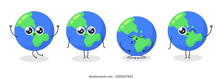 Vector cute globe earth world  set kinds of pose angry, sleep, say hi, and happy cute globe illustration