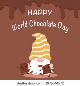 Vector - Cute Gnome eating dark chocolate with wording "Happy Chocolate day". Can be use  for banner, poster, card or web.