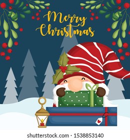A Vector of Cute Gnome Hiding Behind Christmas Giftboxes on the Snow