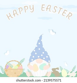 Vector - Cute Gnome holding egg in the garden. Hunting, rabbit. Happy Easter day. Can be use for card, poster, banner, brochure.