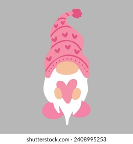 Vector cute Gnome holding heart on pink theme. Valentine's. Can be use decorate any card, web, poster, sticker, print, paper, Vector files for Cricut