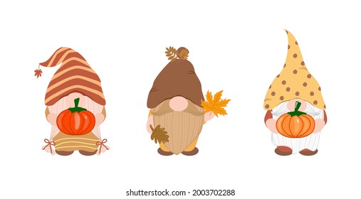 Vector  - Cute Gnome holding maple leaves, pumpkin. Autumn (Fall), Thanksgiving season. Can be use decorate any card, sticker, print. Clip art. Bundle.