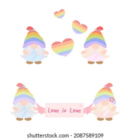 Vector - Cute Gnome with LGBT flag on heart shape. Love is Love. Pride, Freedom concept. Object.