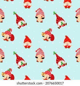 Vector - Cute Gnome on Christmas theme and snow on blue background. X'mas, New year, Holiday season. Can be use for print, paper, fabric, wrapping.