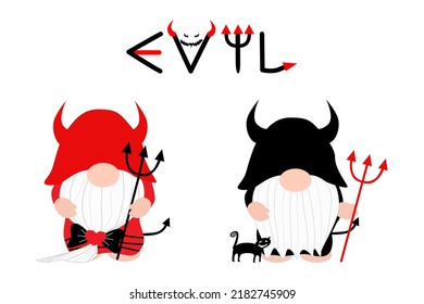 Vector - Cute gnome on devil dress with word Evil. Halloween concept. Can be use decorate any card, web.