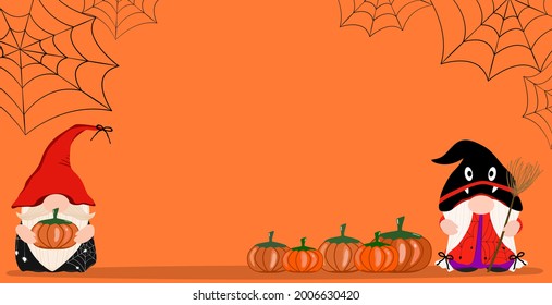 Vector - Cute Gnome, pumpkin, spider for Halloween day. Flat cartoon style. Copy space. Can be use for poster, banner, web.