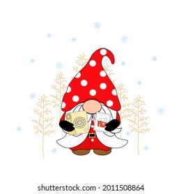 Vector - Cute Gnome wear red hat and Santa Claus suit holding camera on tree and snow concept. Holiday, Season greeting. Can be use for postcard, card, sticker, web. Copy space.