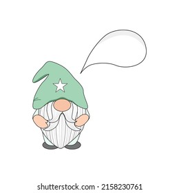 Vector - Cute Gnome wearing green hat with speech bubble. Cartoon, comic design. Can be use for web, card, poster, banner, sticker. Copy space.