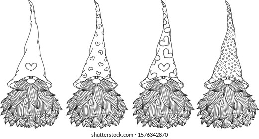 Vector  cute gnomes cartoons, black  silhouette isolated on white for coloring.