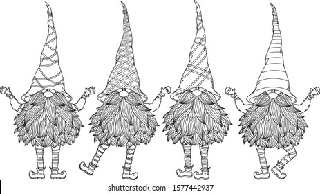 Vector  cute gnomes cartoons, black  silhouette isolated on white for coloring.