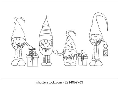 Vector cute gnomes cartoons, black silhouette isolated on white for coloring.