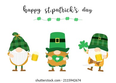 Vector - Gnomes Cute con una taza de cerveza, un globo de corazón y 4 hojas (shamrock). Feliz Día de San Patricio, Holiday. Se puede usar para afiches, banner, imprimir, tarjeta, invitación. Imágenes prediseñadas.