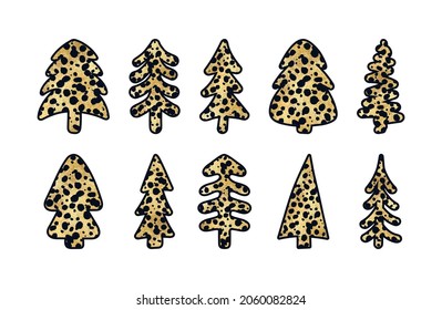 Vector cute gold hand drawn leopard print textured Christmas trees set. Doodle spruce stylized wild animal cheetah golden skin, abstract leo fir silhouette icons. New Year symbol for print and decor.
