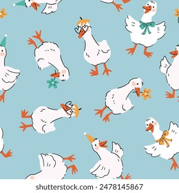 Vector cute goose seamless pattern. Animal kids seamless print design. Funny white ducks on blue background. 