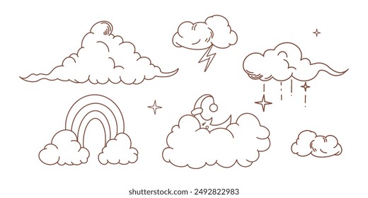 Vector cute graphic cloud set with moon, stars and rainbow.Cartoon design.