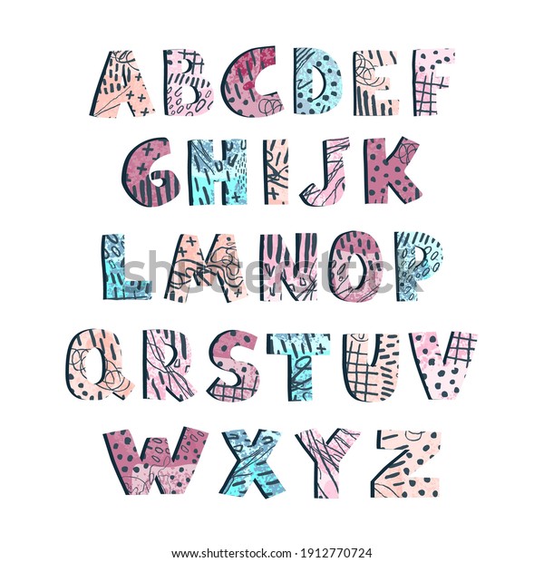 Vector cute graphic colorful alphabet for kids.\
Can be used as elemets for your design for greeting cards, nursery,\
poster, card, birthday party, packaging paper design, baby t-shirts\
prints