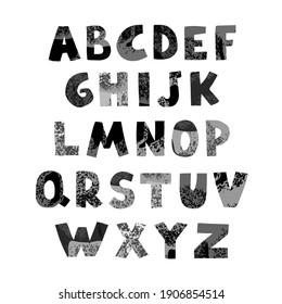 Vector cute graphic gray alphabet for kids. Can be used as elemets for your design for greeting cards, nursery, poster, card, birthday party, packaging paper design, baby t-shirts prints