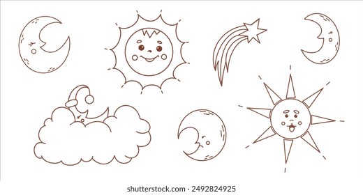 Vector lindo eclipse solar gráfico establecido con sol, luna, nubes, stars.Cartoon diseño.