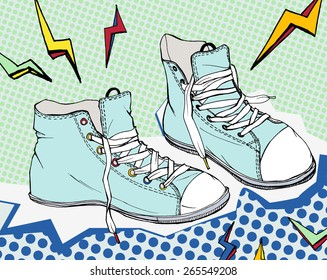 vector cute graphical cartoon shoes with lightening and dotted background illustration 