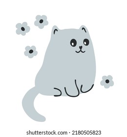 vector cute gray cartoon cat funny litlle pet vintage design flowers