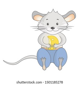 Vector cute gray mouse in blue pants with cheese in paws, symbol of 2020