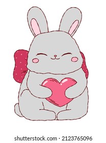 Vector cute gray rabbit with bow and heart. Doodle on an isolated background. Print, banner love, brochure.