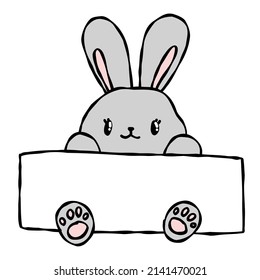Vector cute gray rabbit. Doodle on an isolated background. Animal illustration with brochure for text.