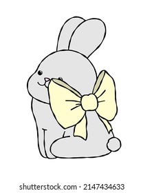 Vector cute gray rabbit with yellow bow. Doodle on an isolated background. Print bunny, banner, brochure pet.