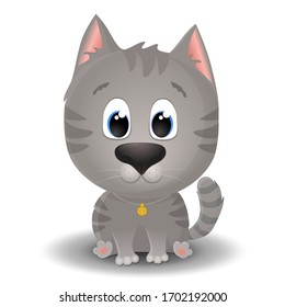 Vector cute gray tabby cat with big eyes in cartoon style. Little kitten sits and smiles. Flat character illustration isolated on white background
