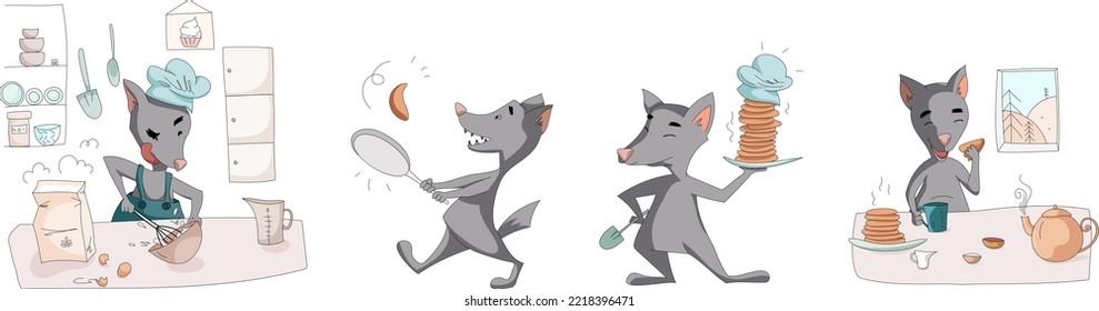 El vectorial es el lindo lobo gris que trabaja en la cocina. Preparando la masa, azotando. Crepes fritos, lanza un panqueque al aire. Se sienta en la mesa, toma té y come crepes.