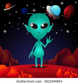 Vector cute green alien and UFO say hi on red planet. Space background.