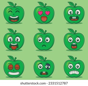 Vector cute green apple emoticon expressions set